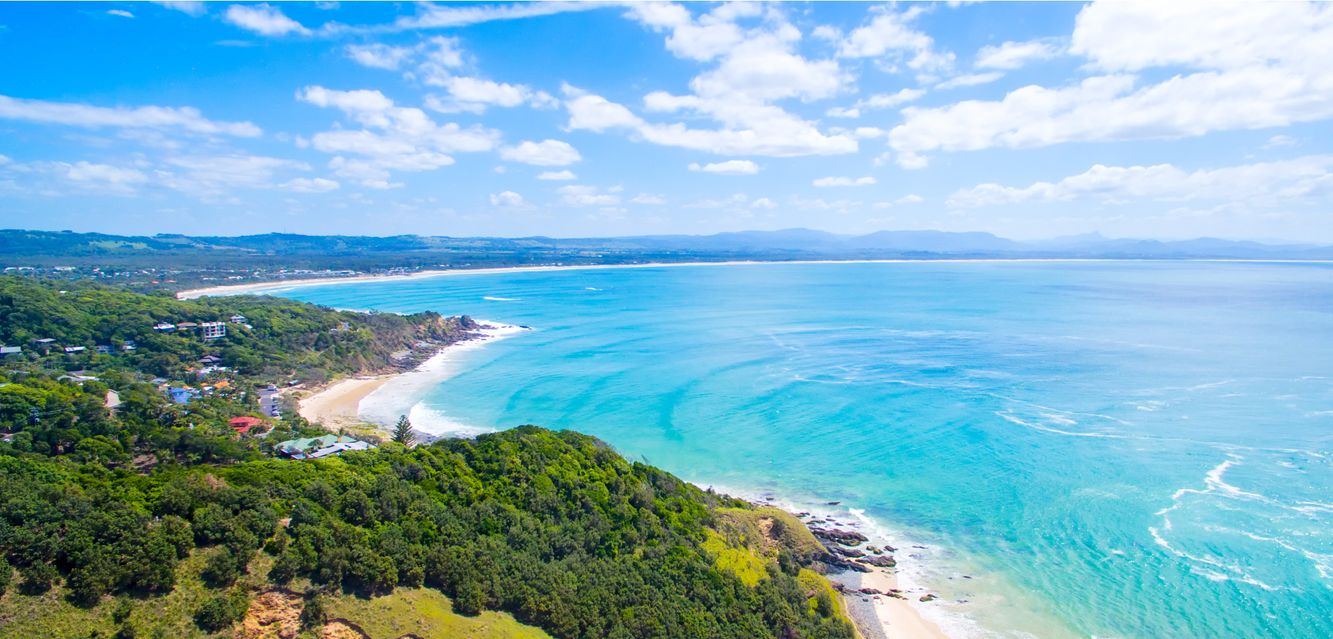 An aerial view of the Byron Bay coastline.