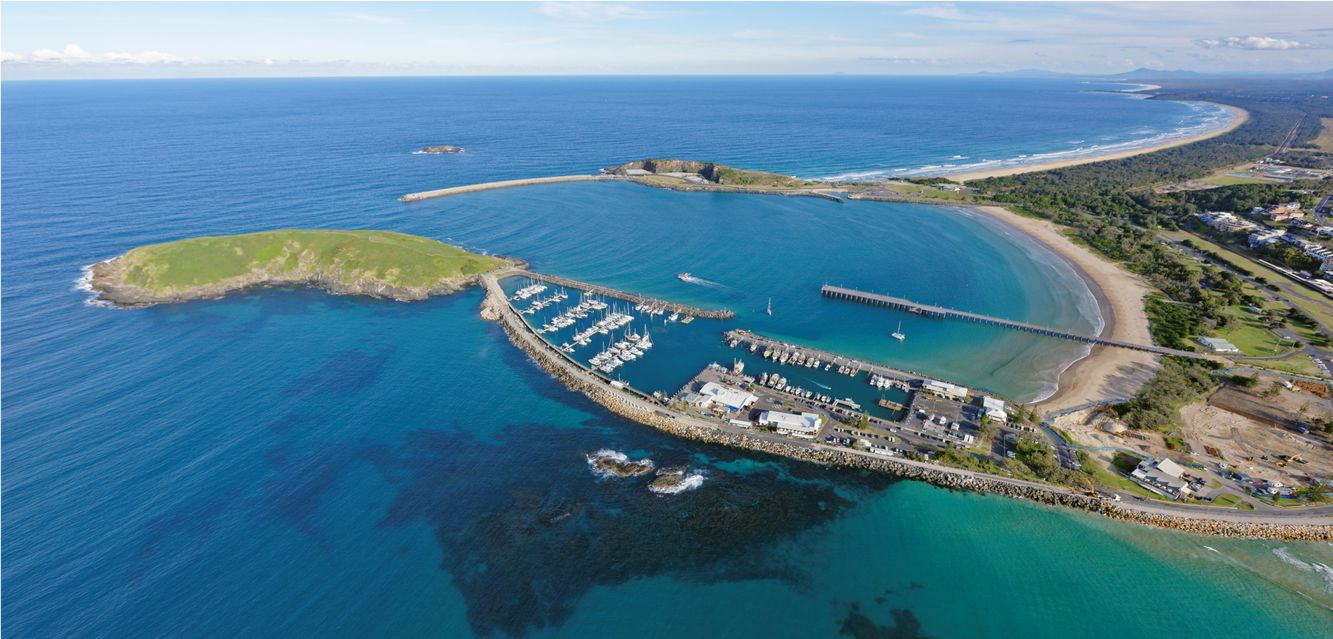 Coffs Harbour Marina with Coffs Harbour Airport in the distance.