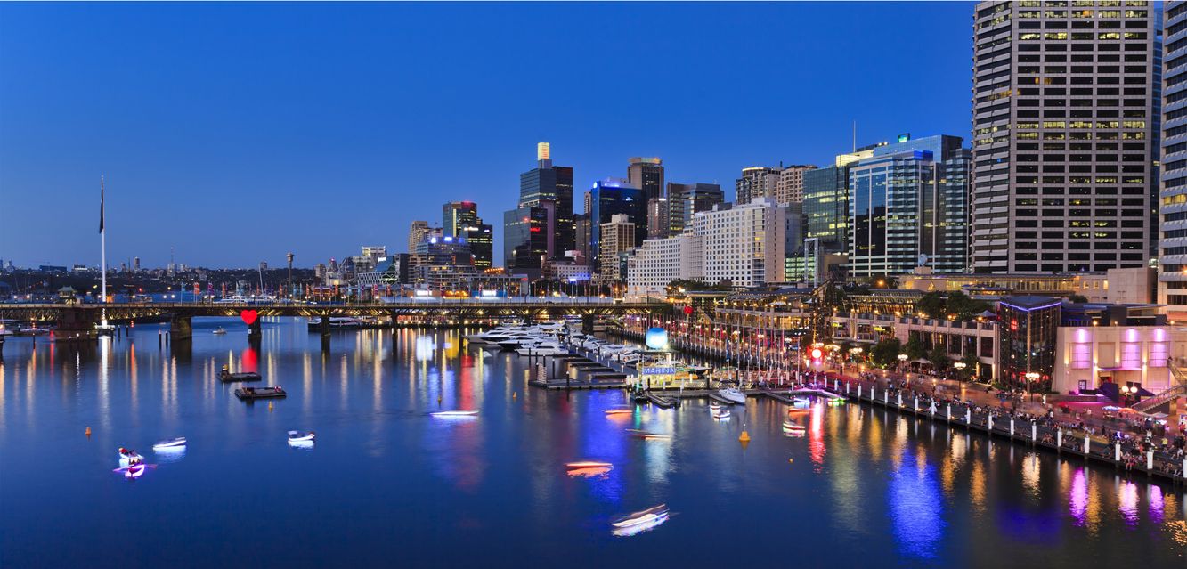 Sydney’s Darling Harbour at sunset.