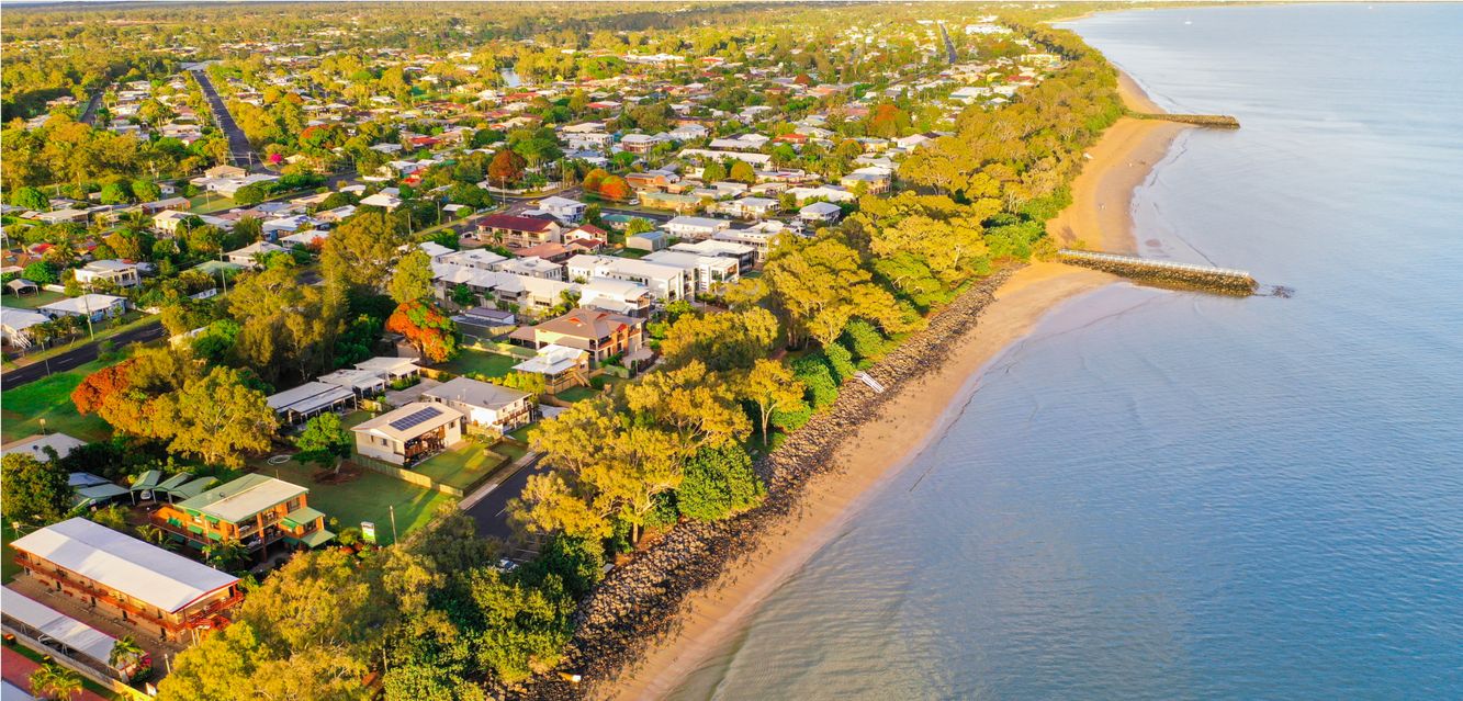 An aerial photo of the Urangan coastline at Hervey Bay, Queensland.