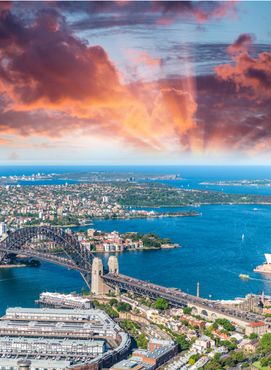 Sydney Harbour at dusk.