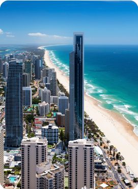 Sunny view of Surfers Paradise on Gold Coast, Queensland, Australia.