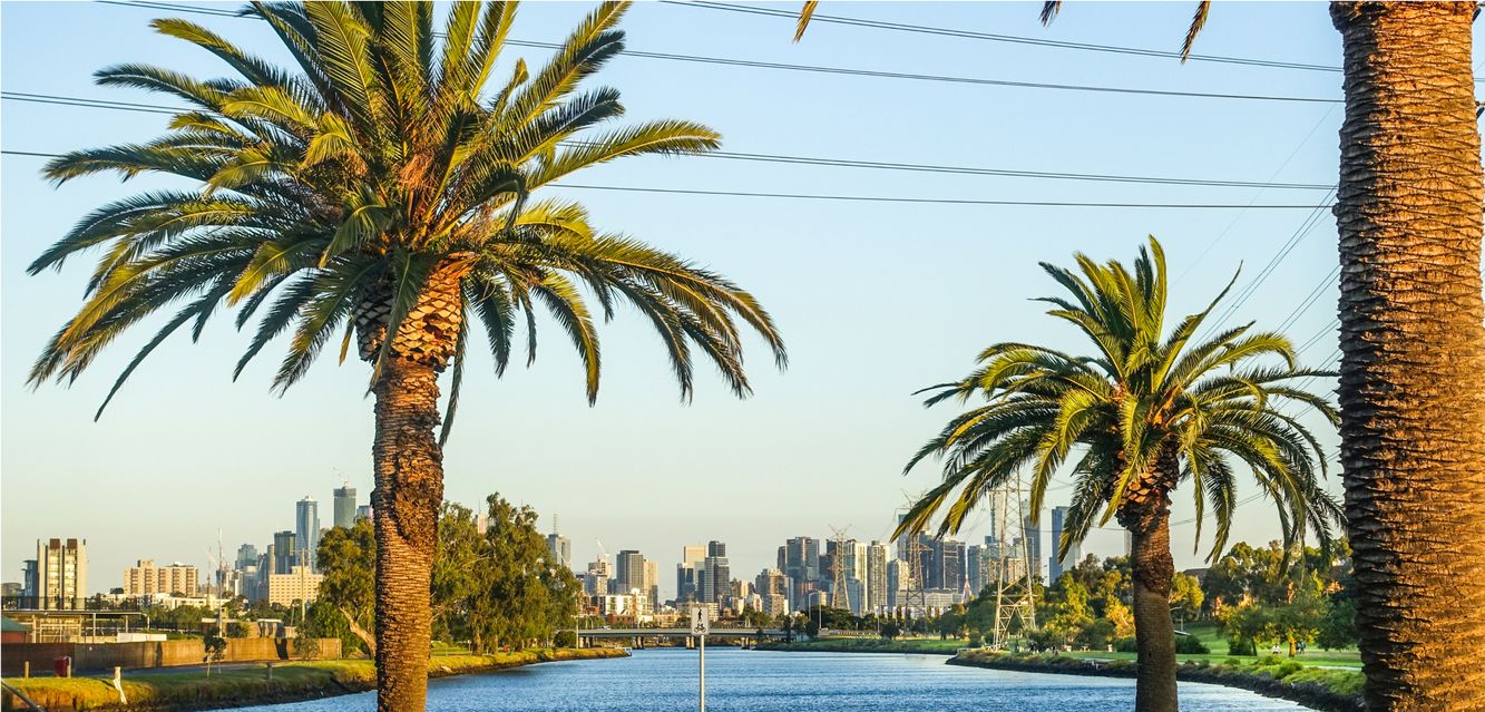 Melbourne’s skyline from Footscray Park along the beautiful Maribyrnong River near Sunshine.