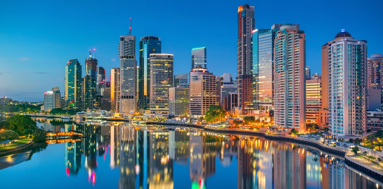 The Brisbane skyline at sunrise.