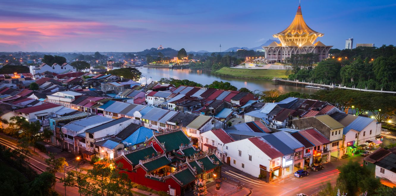 Sunset over Kuching’s Chinatown district.