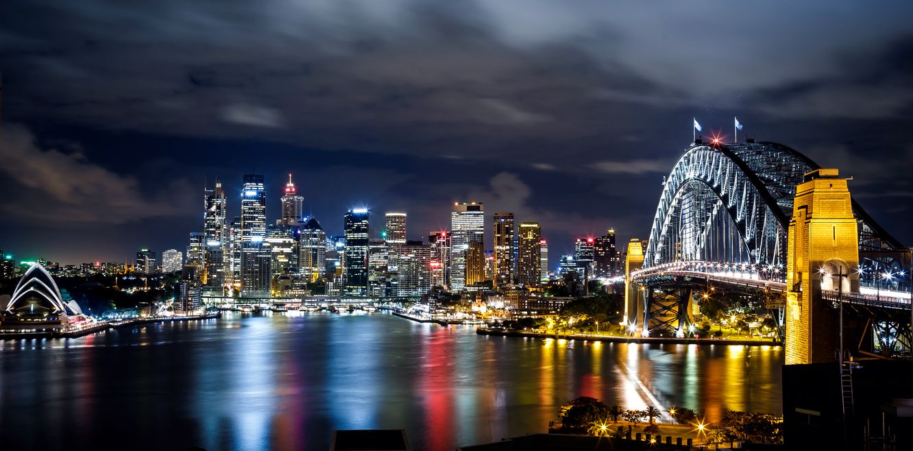 The Sydney skyline at night.