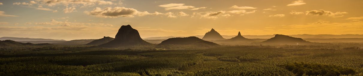 The Glass House Mountains at sunset.