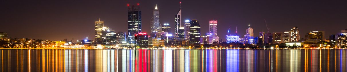 The Perth city skyline at night.