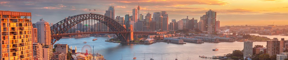 The Sydney skyline at sunset.
