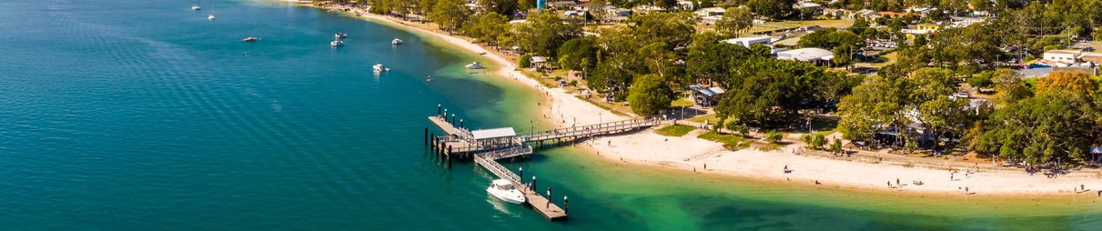 Aerial view of Bongaree Jetty on Bribie Island, Sunshine Coast.