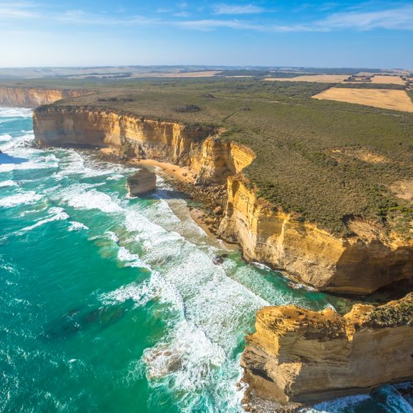 Aerial view of shipwreck coast on the Great Ocean Road.