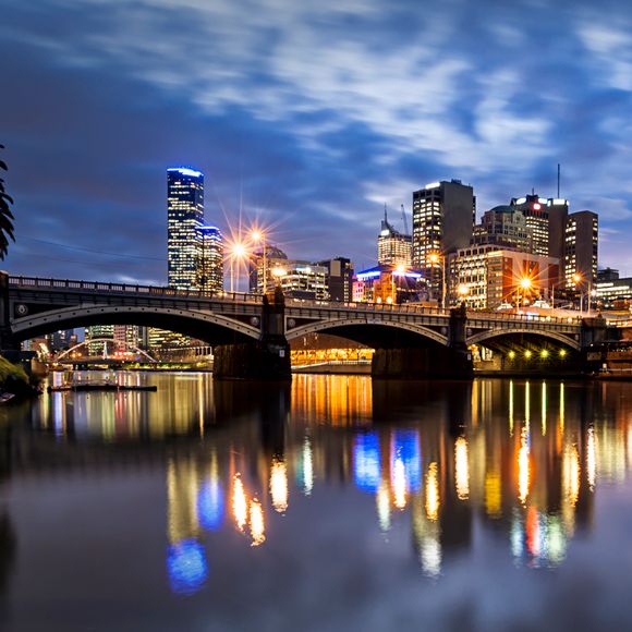 Melbourne’s Yarra River and Princes Bridge at night.