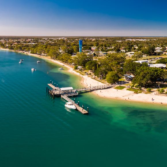 Aerial view of Bongaree Jetty on Bribie Island.