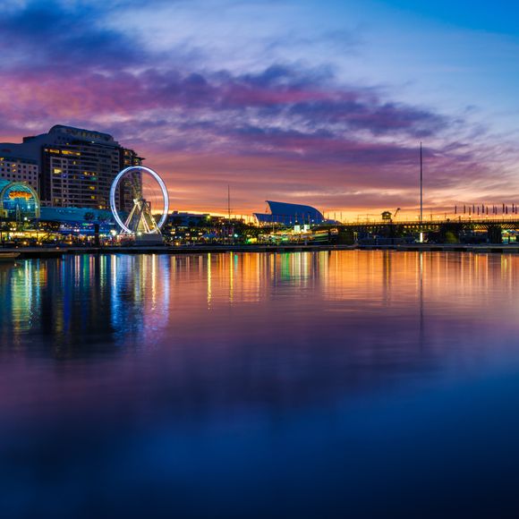 Darling Harbour at sunset.